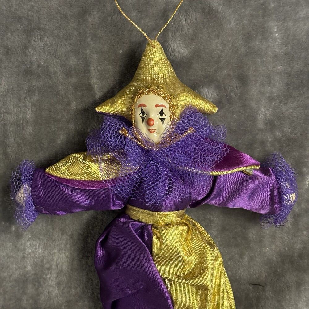 VTG  Porcelain Clown Doll Tree Ornament Purple Gold Mardi Gras Wall Decor Rare